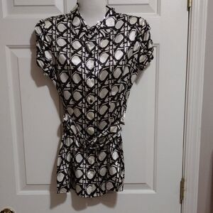 Y2K Charlotte Russe Brown and Taupe Belted Geometric Button Down Shirt Small